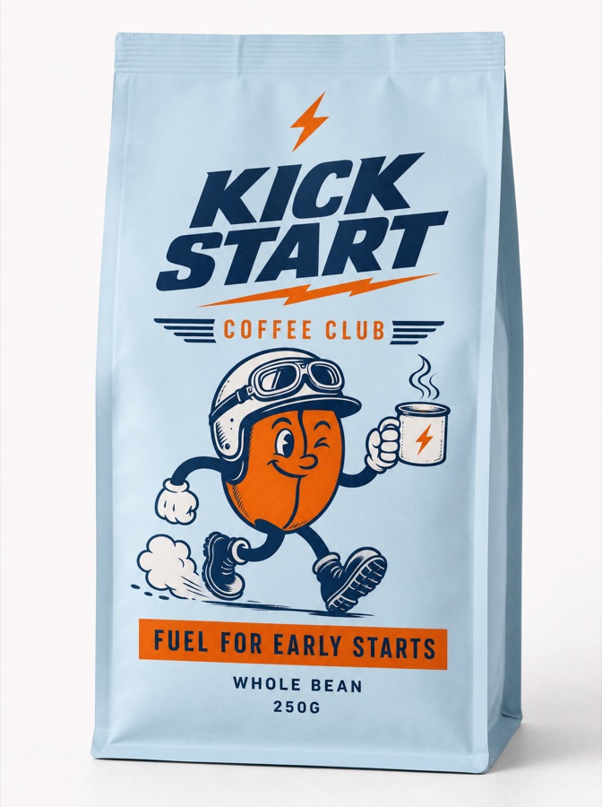 Early Starts bag — sky blue with the winking bean mascot and the line Fuel for Early Starts